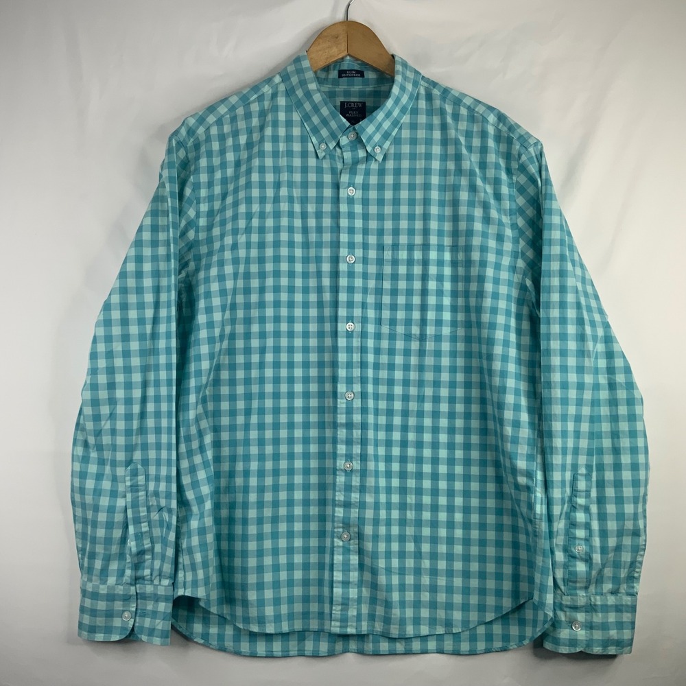 J.Crew Flex Washed Slim Untucked Gingham Shirt Teal Blue XL BE209 NWT